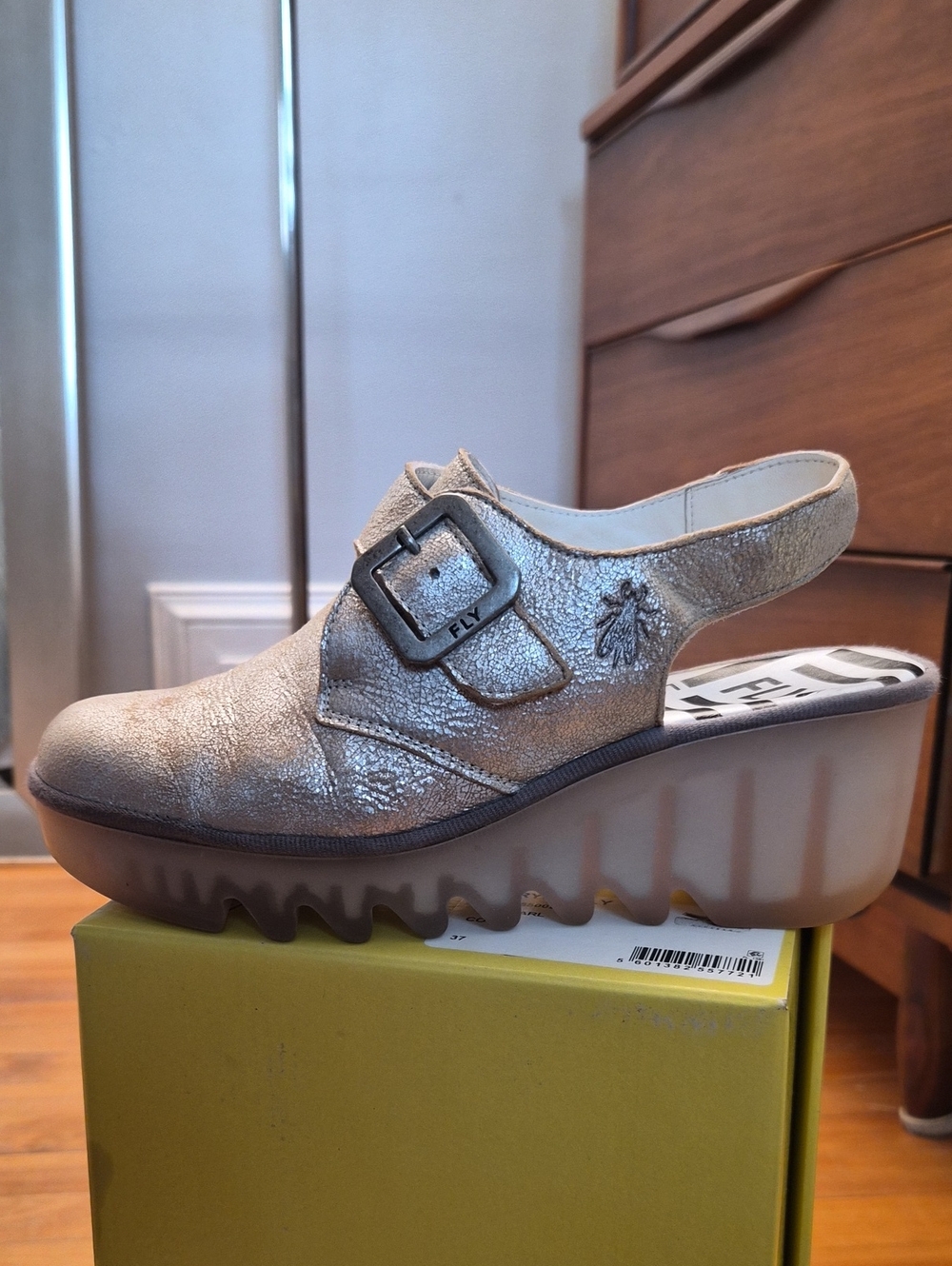 Fly London Metallic Silver Buckle Slingback Clog Wedge